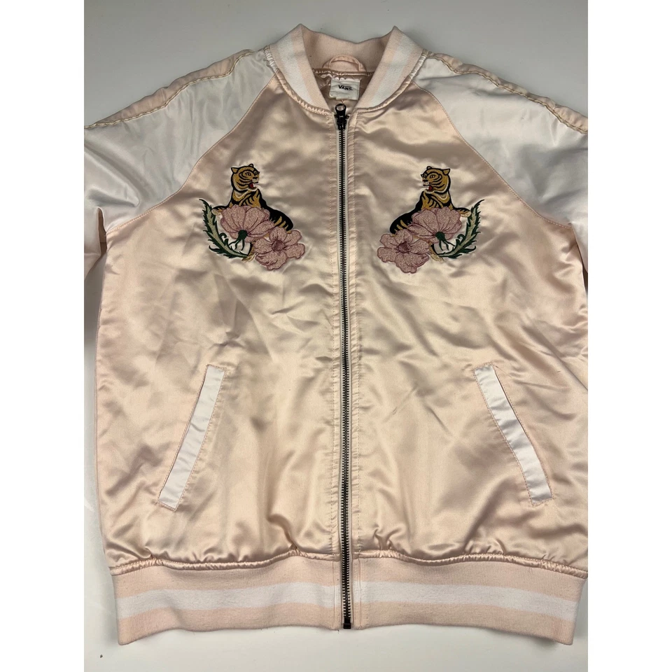 Chaqueta Bomber Vans Satén Tigre Floral Bordada Rosa Blanca Para Mujer Foto 3 de 4