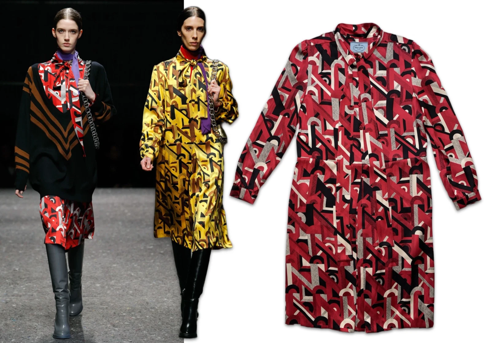 Abito Camicia Prada Vintage Archivio Autunno 2014 Rosso Stampa Geometrica Cravatta Collo 42 Seta