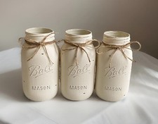 Set of 3 CREAM chalk painted distressed Quart size mason jar vases