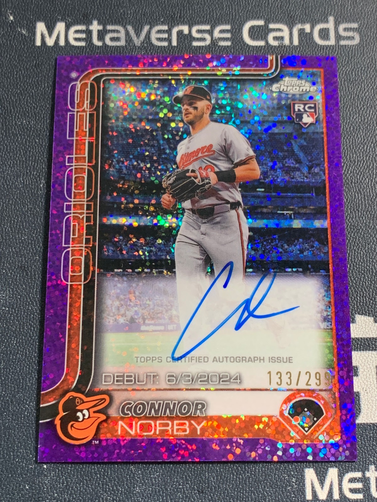 2025 Topps Chrome Connor Norby RC Rookie Debut Auto Purple Sparkle 133/299