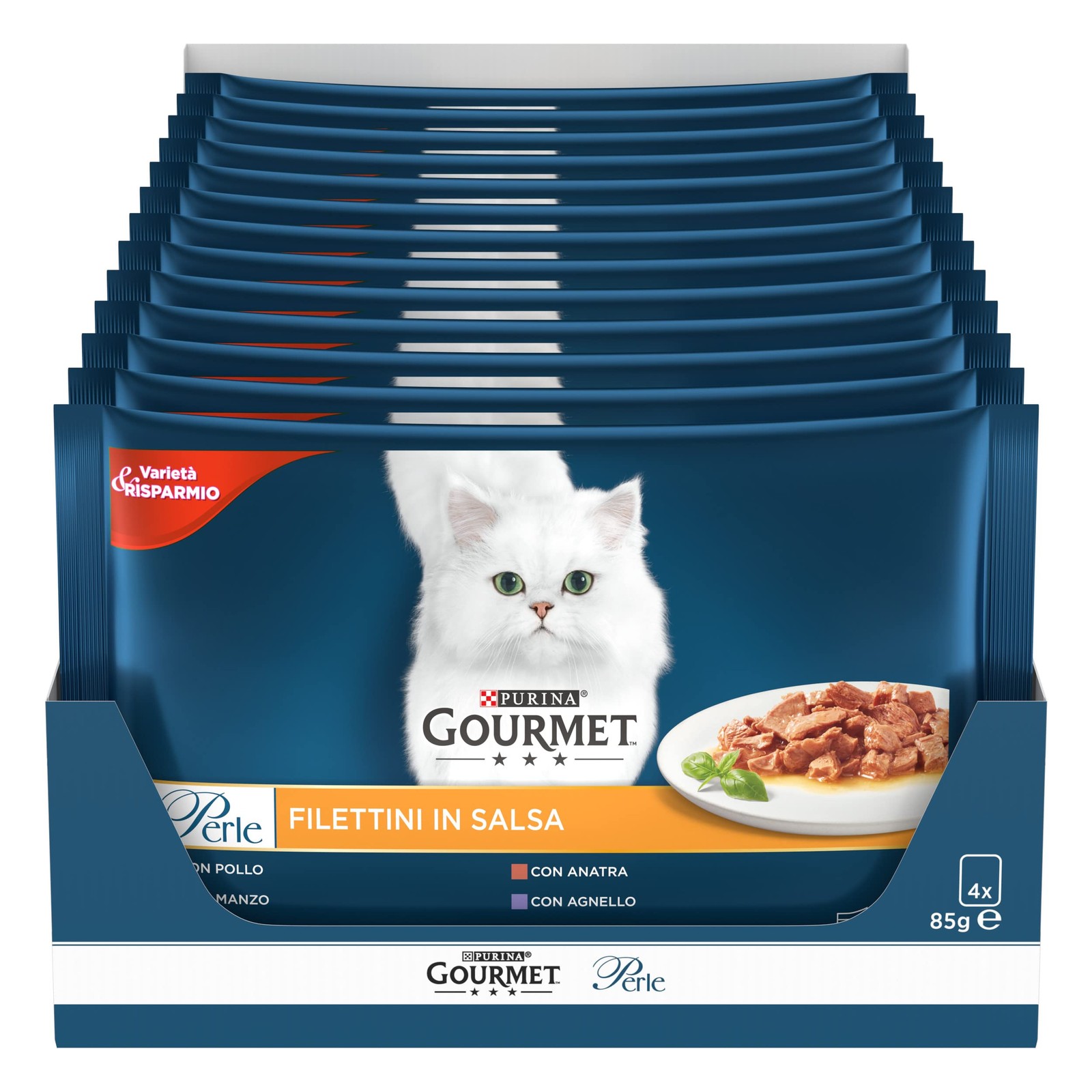 Perle Cibo Umido per Gatti Adulti Filettini in Salsa con Agnello Anatra Manzo