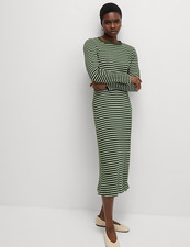 M&S LADIES COTTON STRIPE MIDI SKATER DRESS GREEN MIX SIZE 24 PETITE (REF 234)