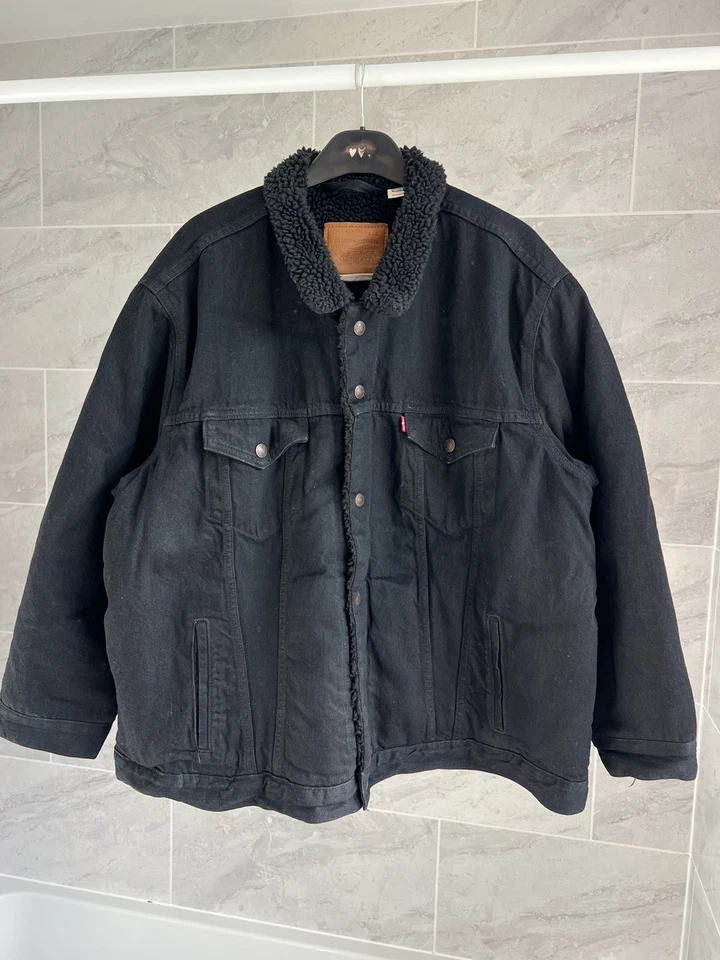 Levi’s Sherpa Trucker Jacket Black Denim Black Fur Mens XL Relaxed Superb, photo 1 of 5