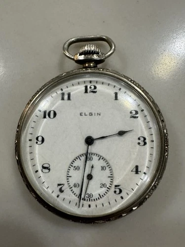 Antique Elgin Pocket Watch 7J 20504134 Open Face Ornate Case Parts Repair