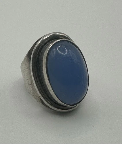 Hermann Siersbol Danish Modern Ring Silver 925 Blue Chalcedony Cabochon 3.5 Vtg
