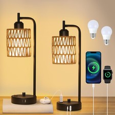 Rattan Table Lamps for Living Room Set of 2, Boho Bedside Lamps with Bulbs, U...