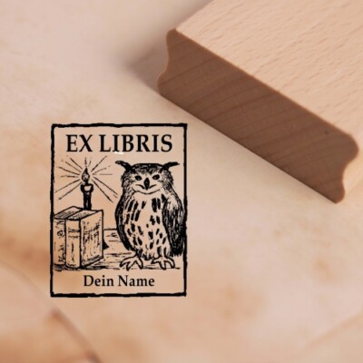 Ex Libris Stempel mit Name - Uhu, Bücher und Kerze Exlibris Motivstempel 38 x 48
