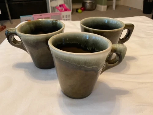 Set of 3 Vintage Pfaltzgraff Brown/Green Drip Pottery Coffee Mugs