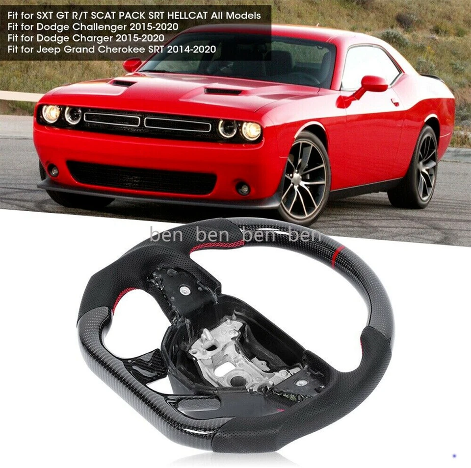 Volante deportivo plano de fibra de carbono para Dodge Challenger Charger SRT Durango Foto 2 de 4