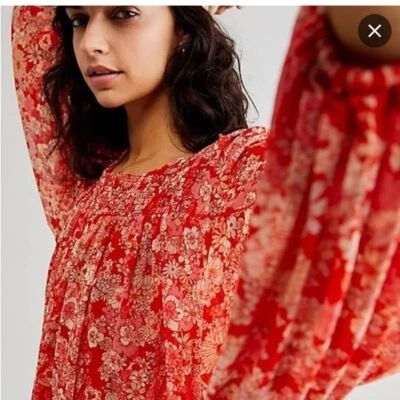 Nwot Free People en Haut Pour N'Importe Quoi Cerise Combo TAILLE S Rouge Floral - Photo 1/4