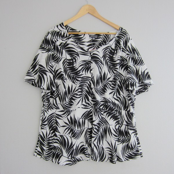 Autograph Top Womens 20 Black White Blouse Palm Leaf Print V Neck Peplum Resort
