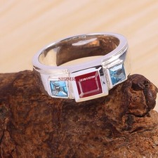 Riscaldato Rubino e Blu Topazio Con Placcato Oro Bianco Anello Argento per Uomo