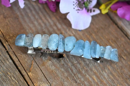 Raw Aquamarine Barrette Blue Crystal Gemstone Hair Pin Clip Barrettes Gem 