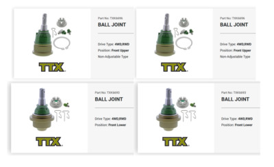 2 Upper + 2 Lower Ball Joint - TTX TXK6696 TXK6693- 2001-2010 GM 2500 3500 HD
