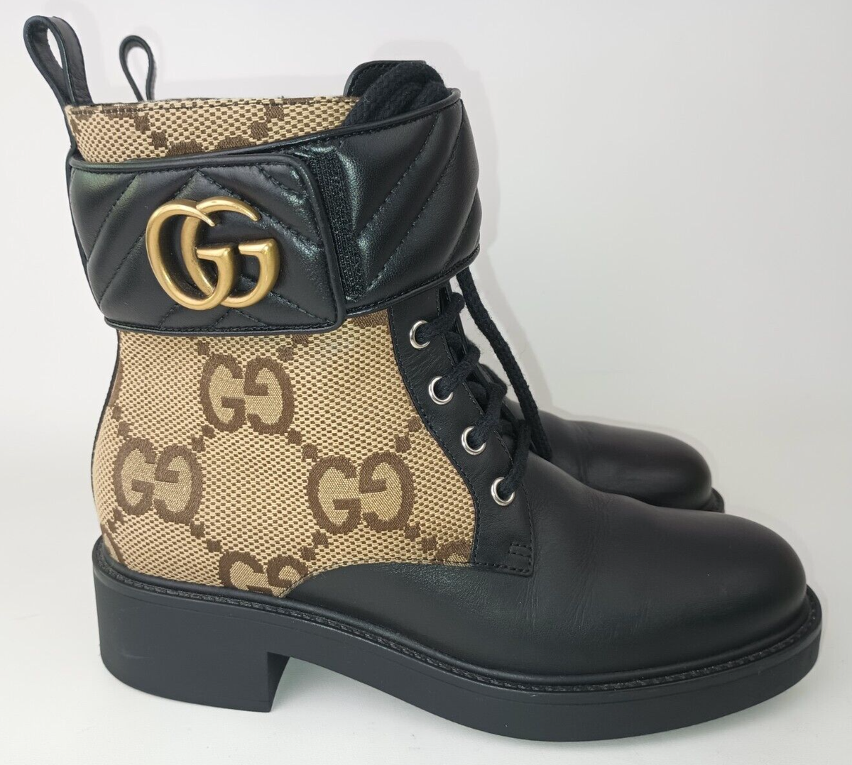 Gucci Women's Beige Ebony Black Jumbo GG Canvas Leather Logo Boots