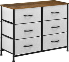 Large Chest of Drawers Grey Fabric Brown Wooden Top Bedroom Dresser Steel Framed
