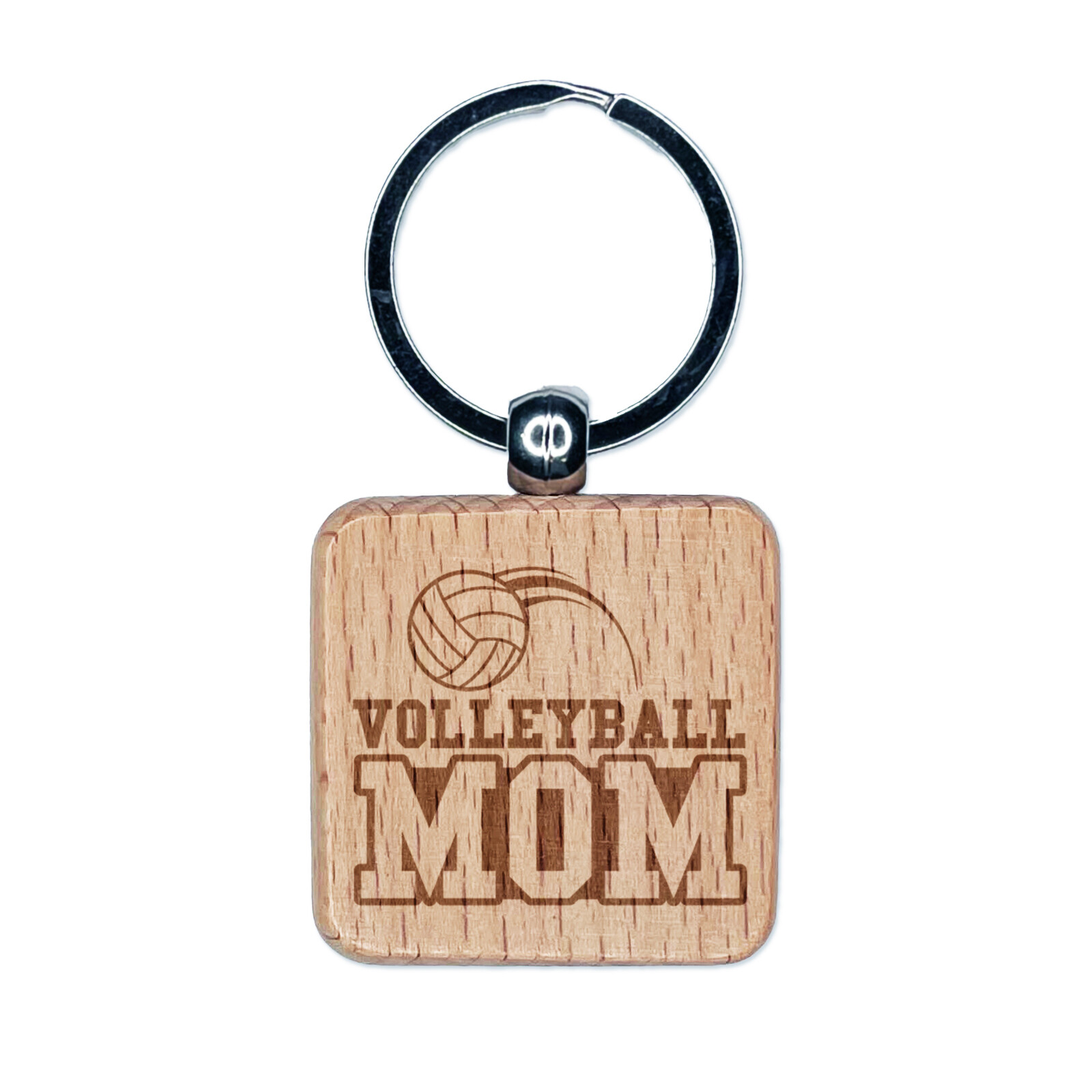 Volleyball Mom Text with Ball Engraved Wood Square Keychain Tag Charm