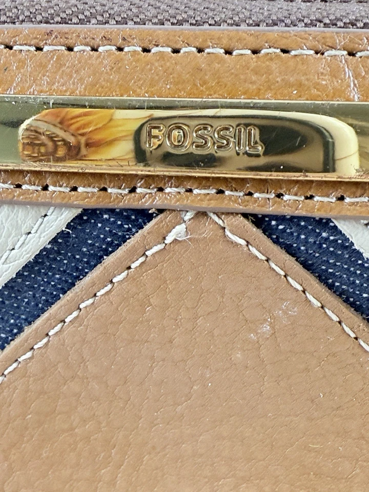 FOSSIL Liza Zip Around Clutch Wallet Brown Leather And Denim Zip Around Wristlet - Image 2 of 4