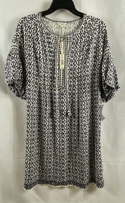 Max Studio Women's Blue Geometric Incroele Short Sleeve Tunic Blouse NWT Sz M