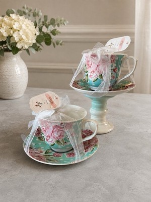 Kent Pottery In Full Bloom Floral Teacup Saucer Set of 2 Pink Roses Brunch Party