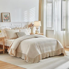 3 Pieces Beige Quilt Set Queen Size, Wide Ruffled Fringe Lightweight Bedspread B