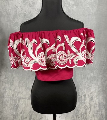 Express Off Shoulder Ruffled Embroidered Crop Top Red White M Boho Chic Romantic