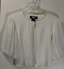DKNY Woman s White Round Neck Sweater Sheer Half Sleeves Size M Hook Closure