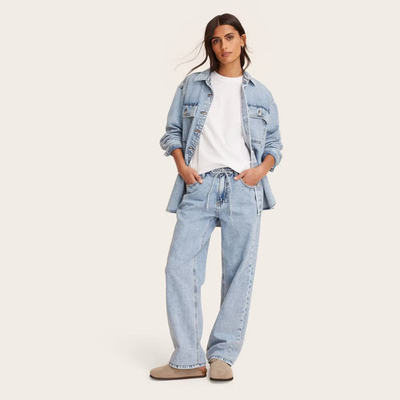 #ad #ad Women Mid Rise Drawstring Baggy Jeans Parke $55.00