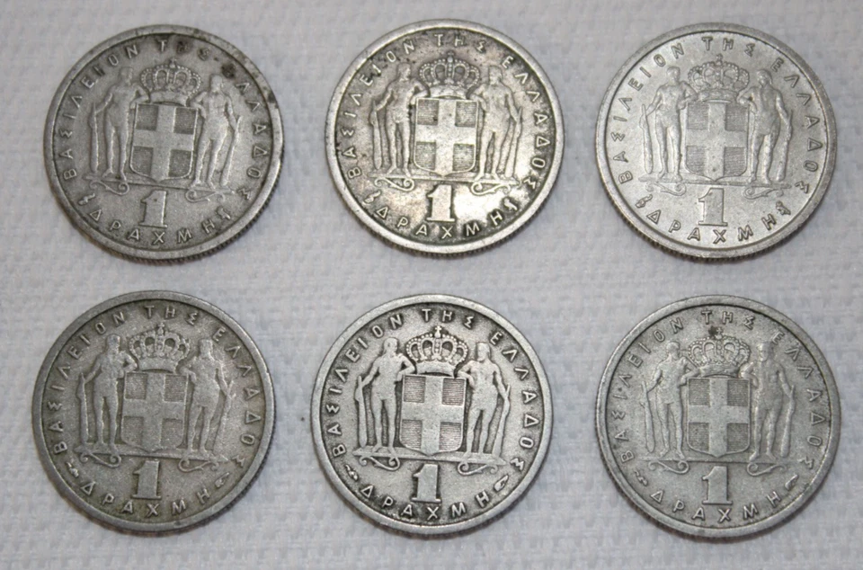 Vintage Lot of 6 Greek 1 Drachma Coins – King Paul – 1954, 1957, 1959, 1962 - Image 2 of 2