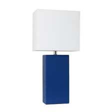 Elegant Designs Lt1025-Blu Modern Leather Table Lamp White Fabric Shade Blue