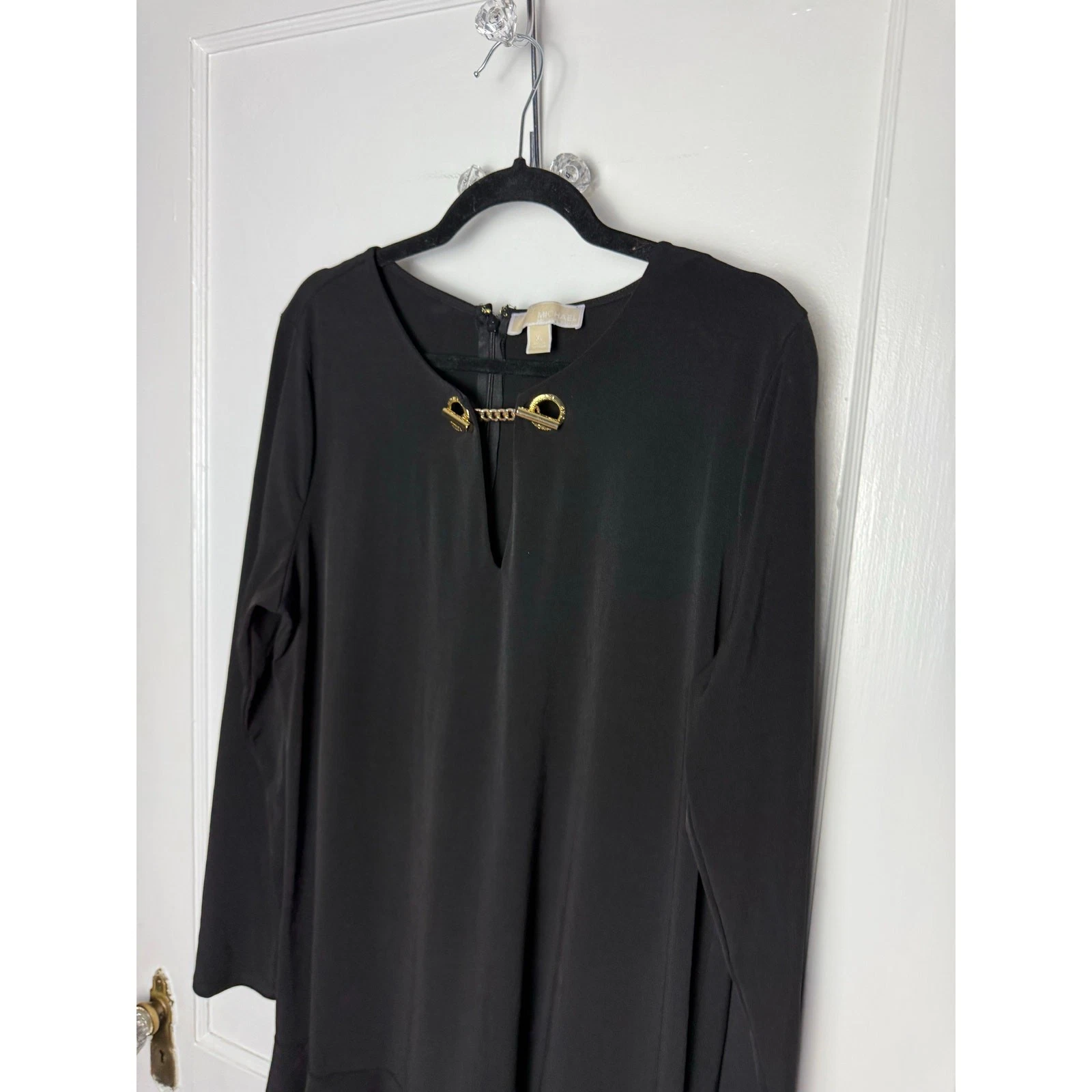 Abito Michael Kors nero elasticizzato manica lunga floreale abbellimento oro taglia XL