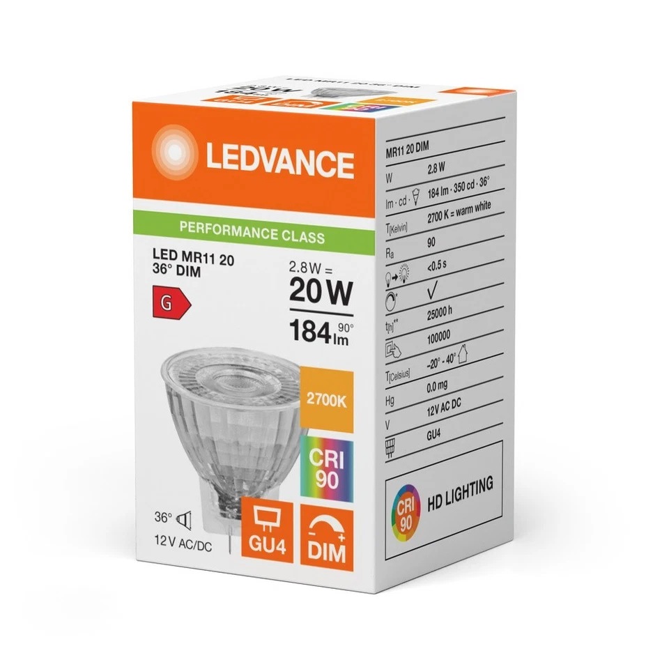Ledvance LED MR11 Bulb 2.8W GU4 12V Dimmable Performace Class AC/DC Warm White - Image 2 of 2