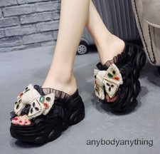Womens Sweet Bowknot Open Toe Platform High Wedge Heel Slip on Summer Slippers