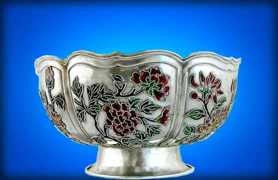 Antiguo cuenco crisantemo chino de plata y esmalte de exportación Foto 2 de 4