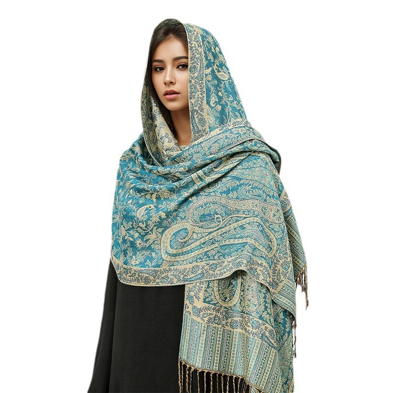 Elegant Paisley Jacquard Pashmina Shawl with Cashew Print and Borders