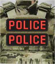POLICE 2 Embroidery Patches 3X11  HOOK ON BACK  RED ON BLACK