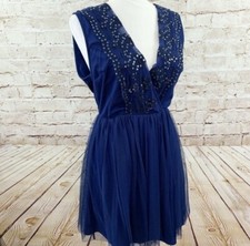 Asos Womens Sleeveless Tulle Plunge Sequin Party Dress Size 10 Blue