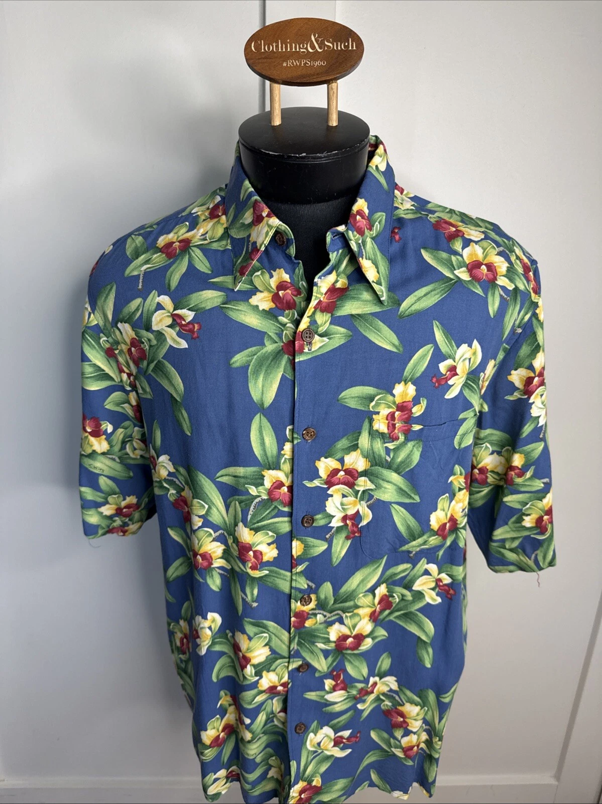 Reyn Spooner Men Size L Short Sleeve Blue Tropical Floral Print Camp Shirt Rayon