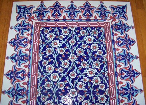 Blue & Red Border 40"x32" Turkish Iznik Floral Raised Ceramic Tile Mural Panel - Picture 11 of 17