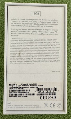 (NO PHONE) Genuine Empty Box For UK Apple iPhone 4S (16GB, Black, MD235B/A) - Zdjęcie 2 z 3