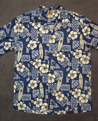 Winnie Fashion Aloha Hawaiian Shirt Cotton Block Hibiscus Surfboards Blue XL