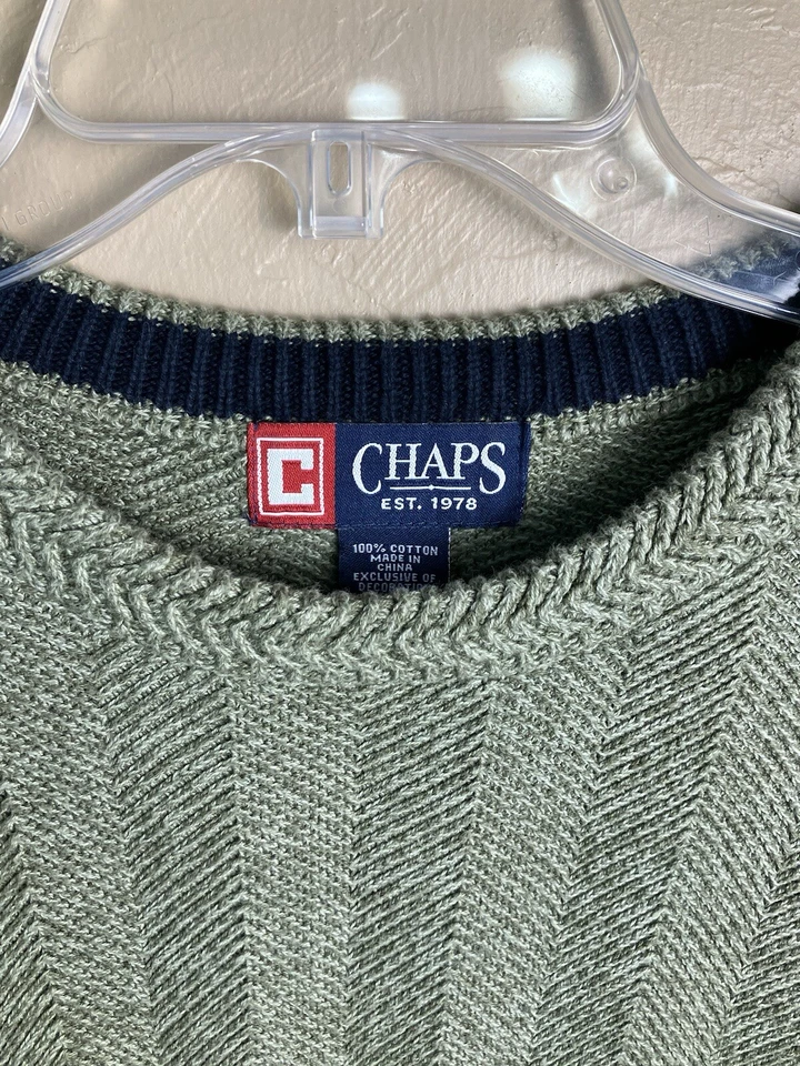 Suéter CHAPS Para Hombre Verde Musgo Oliva LS Todo Algodón Tejido Espiga TALLA GRANDE Foto 3 de 4