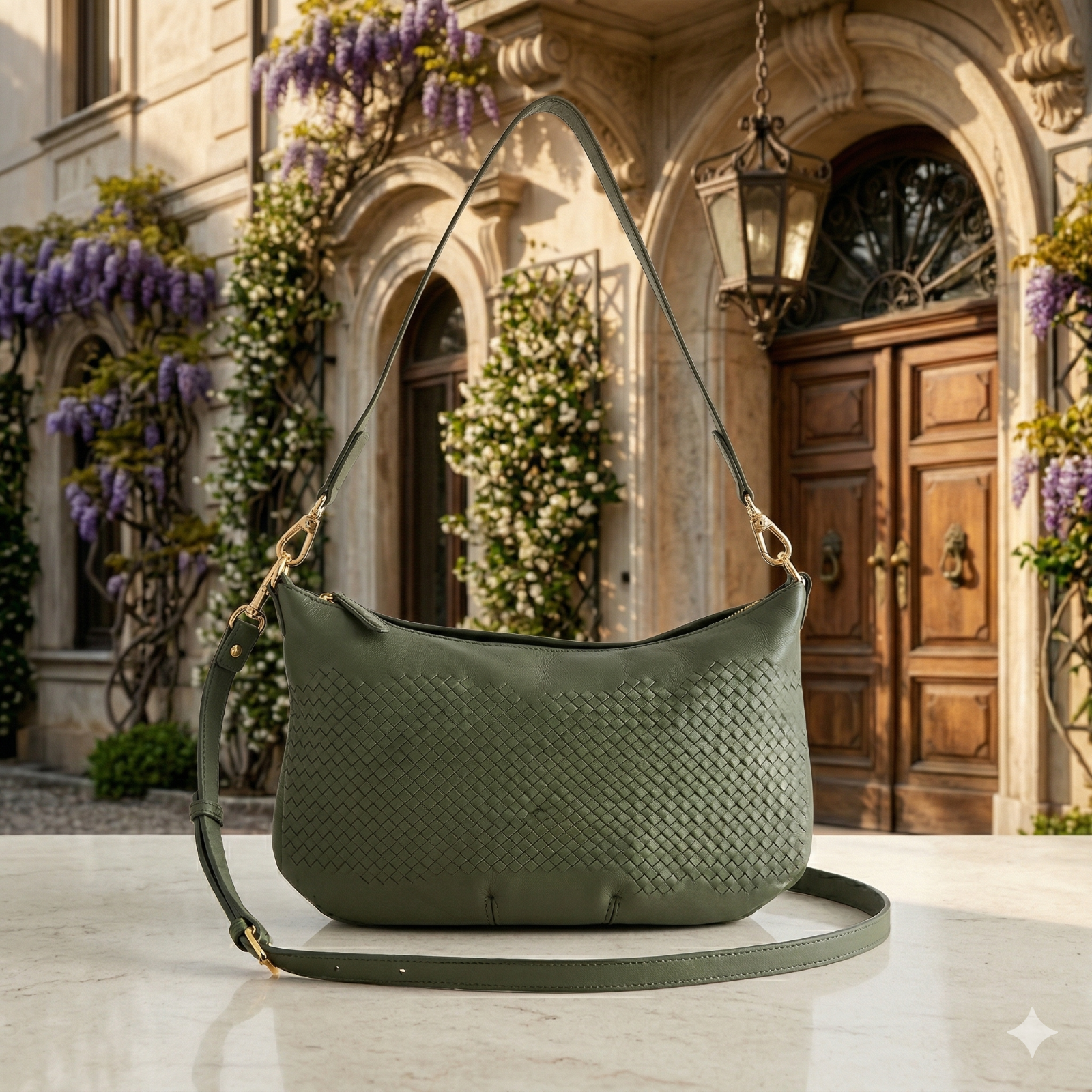 NEW Quince Italian Leather Convertible Crescent Handwoven Bag - Sage Free Ship