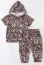 Baby/Toddler Leopard Hoodie Set Short Sleeve Top Cropped Joggers 6M to 4T