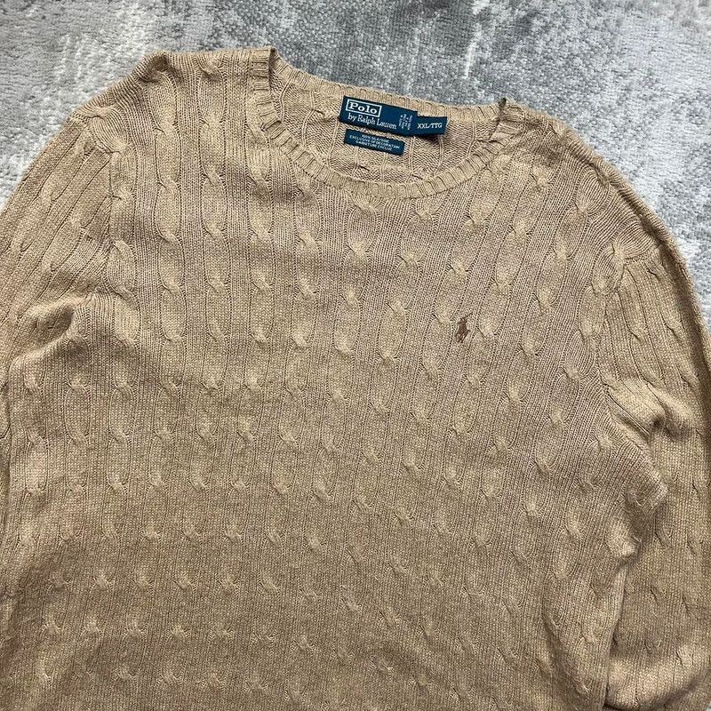 Polo Ralph Lauren CableKnit Jumper 2XL Men's Caramel Brown Embroidered Logo image 2