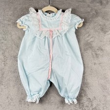 Bryan Blue Polka Dot Lace Trim Bubble Romper Outfit Baby 9-12 Months Vintage 90s