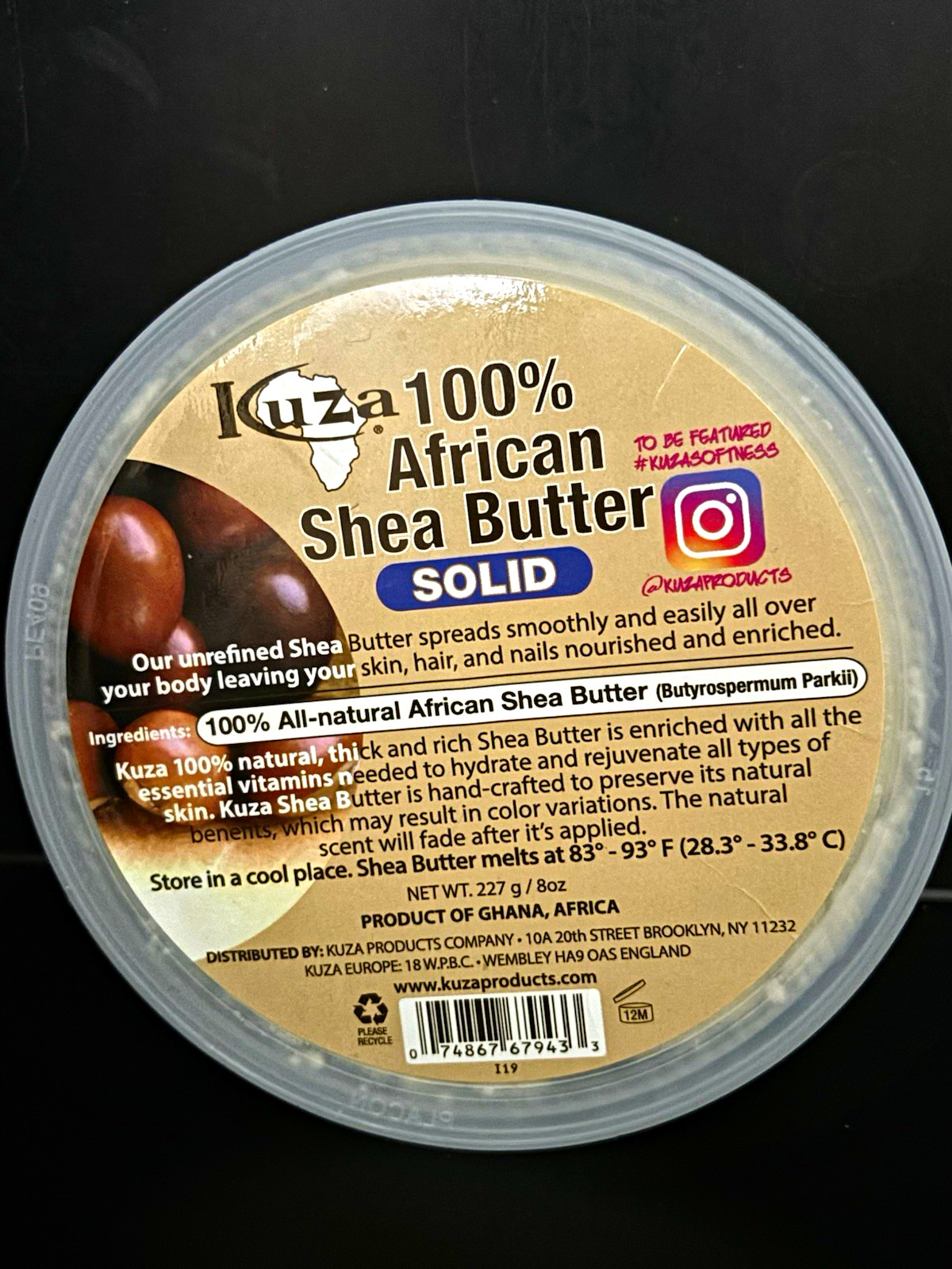 Kuza 100% African Shea Butter Solid Moisturiser Natural 227g All Natural