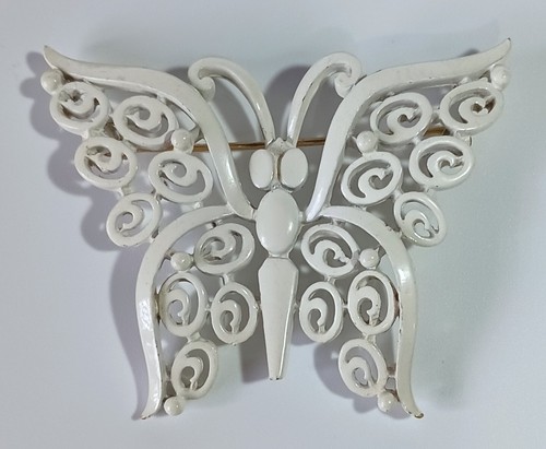 Vintage TRIFARI White Enamel Butterfly Brooch 2.25" x 1.75"