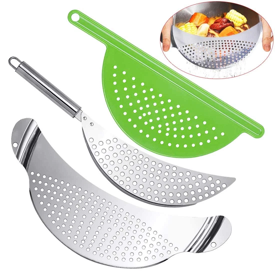 3pcs Stainless Steel Pot Strainer, Crescent Pasta Large,