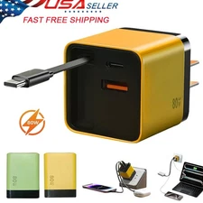 3 in 1 Gan Charger,Retractable 80W Max Fast Charger Module with Type-C Cable&USB